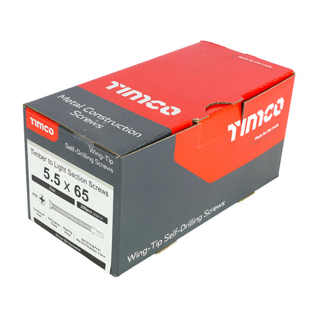 This is an image showing TIMCO Metal Construction Timber to Light Section Screws - Countersunk - Wing-Tip - Self-Drilling - Zinc - 5.5 x 65 - 200 Pieces Box available from T.H Wiggans Ironmongery in Kendal, quick delivery at discounted prices.