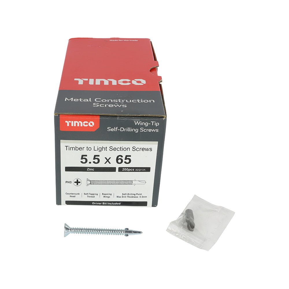 This is an image showing TIMCO Metal Construction Timber to Light Section Screws - Countersunk - Wing-Tip - Self-Drilling - Zinc - 5.5 x 65 - 200 Pieces Box available from T.H Wiggans Ironmongery in Kendal, quick delivery at discounted prices.