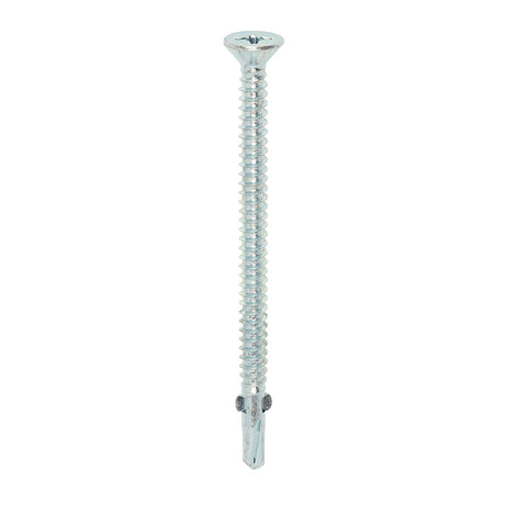 This is an image showing TIMCO Metal Construction Timber to Light Section Screws - Countersunk - Wing-Tip - Self-Drilling - Zinc - 5.5 x 85 - 100 Pieces Box available from T.H Wiggans Ironmongery in Kendal, quick delivery at discounted prices.