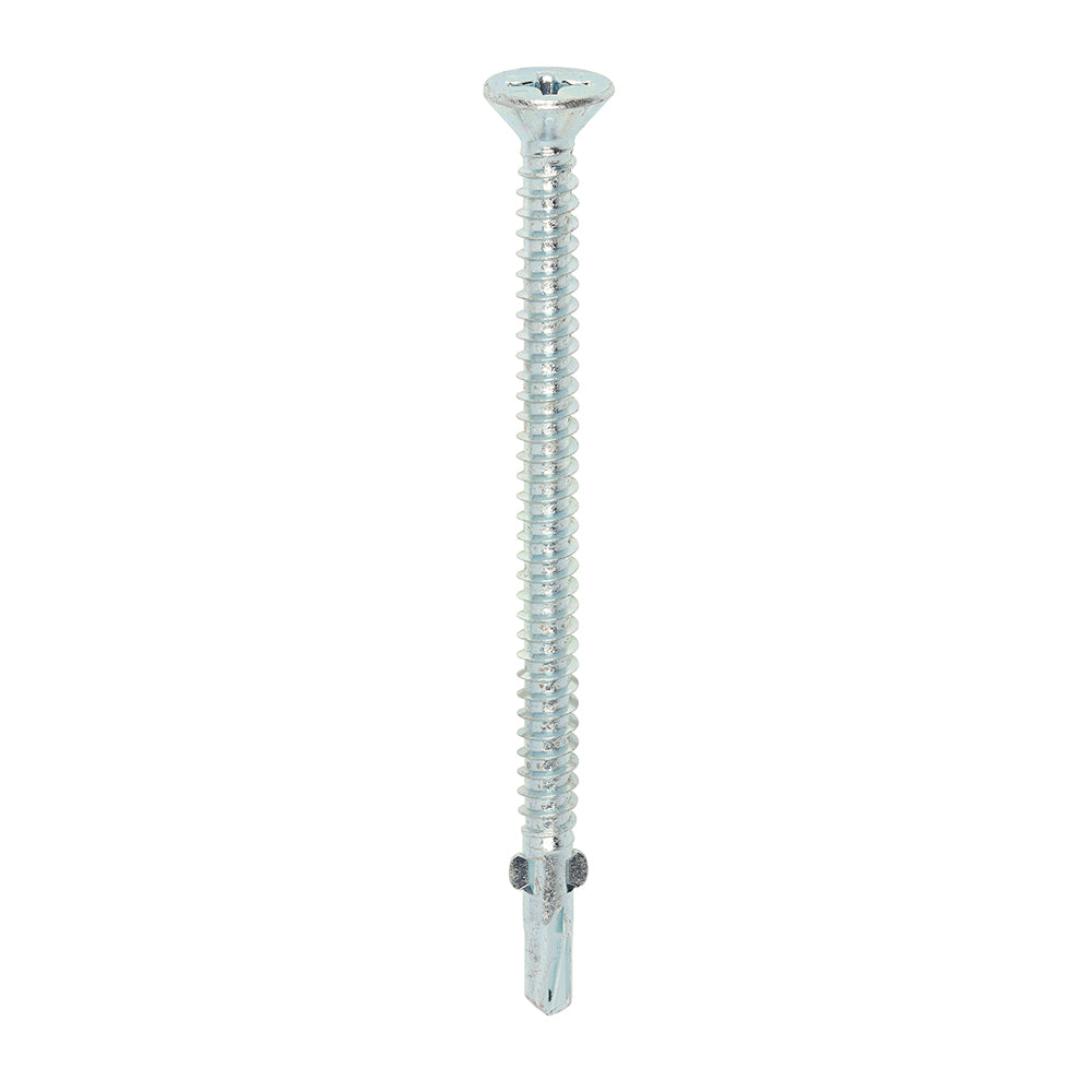 This is an image showing TIMCO Metal Construction Timber to Light Section Screws - Countersunk - Wing-Tip - Self-Drilling - Zinc - 5.5 x 85 - 100 Pieces Box available from T.H Wiggans Ironmongery in Kendal, quick delivery at discounted prices.