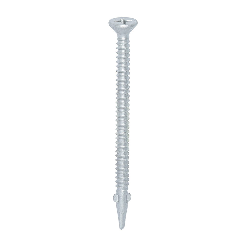 This is an image showing TIMCO Metal Construction Timber to Light Section Screws - Countersunk - Wing-Tip - Self-Drilling - Exterior - Silver Organic - 5.5 x 85 - 100 Pieces Box available from T.H Wiggans Ironmongery in Kendal, quick delivery at discounted prices.