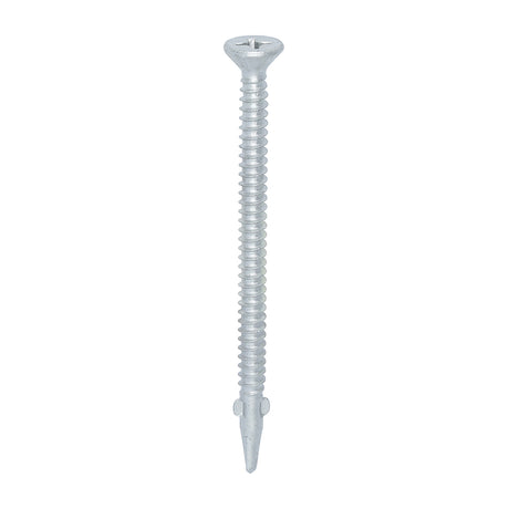 This is an image showing TIMCO Metal Construction Timber to Light Section Screws - Countersunk - Wing-Tip - Self-Drilling - Exterior - Silver Organic - 5.5 x 85 - 100 Pieces Box available from T.H Wiggans Ironmongery in Kendal, quick delivery at discounted prices.