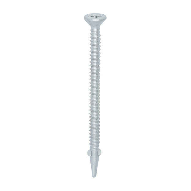 This is an image showing TIMCO Metal Construction Timber to Light Section Screws - Countersunk - Wing-Tip - Self-Drilling - Exterior - Silver Organic - 5.5 x 85 - 100 Pieces Box available from T.H Wiggans Ironmongery in Kendal, quick delivery at discounted prices.