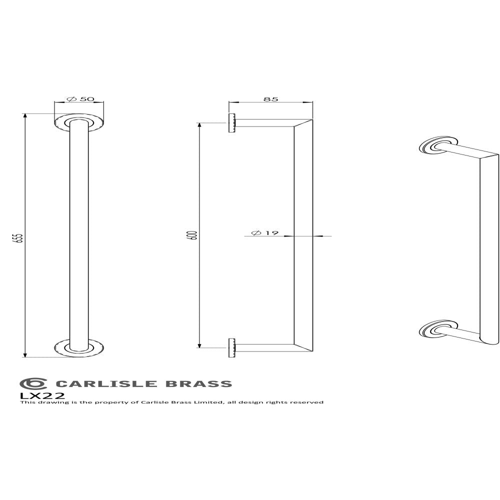 This image is a line drwaing of a Carlisle Brass - Stainless Steel Single Towel Rail 650mm - Stainless Steel available to order from Trade Door Handles in Kendal