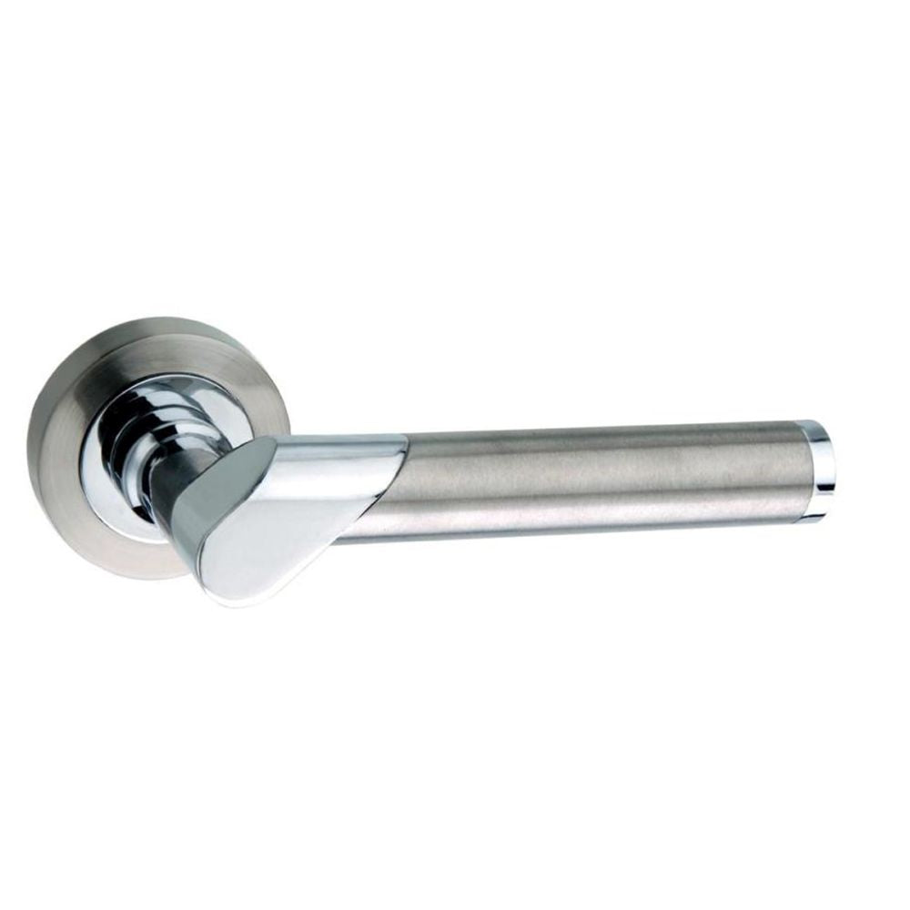 This is an image of Mediterranean Tunis Lever on Round Rose - Satin Nickel/Polished Chrome available to order from T.H Wiggans Architectural Ironmongery in Kendal, quick delivery and discounted prices.