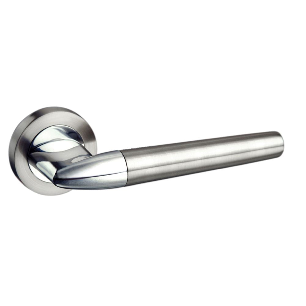 This is an image of Mediterranean Toulon Lever on Round Rose - Satin Nickel/Polished Chrome available to order from T.H Wiggans Architectural Ironmongery in Kendal, quick delivery and discounted prices.