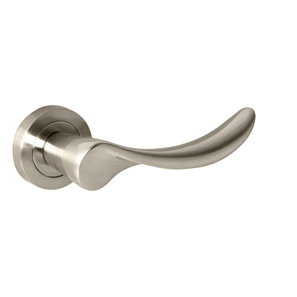 This is an image of Mediterranean Malaga Lever on Round Rose - Satin Nickel available to order from T.H Wiggans Architectural Ironmongery in Kendal, quick delivery and discounted prices.