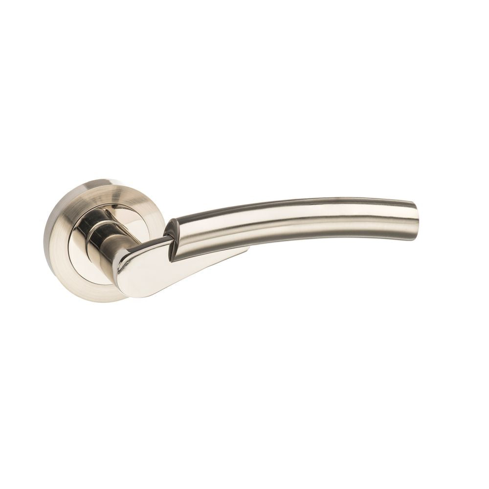 This is an image of Mediterranean Messina Lever on Round Rose - Satin Nickel/Polished Nickel available to order from T.H Wiggans Architectural Ironmongery in Kendal, quick delivery and discounted prices.