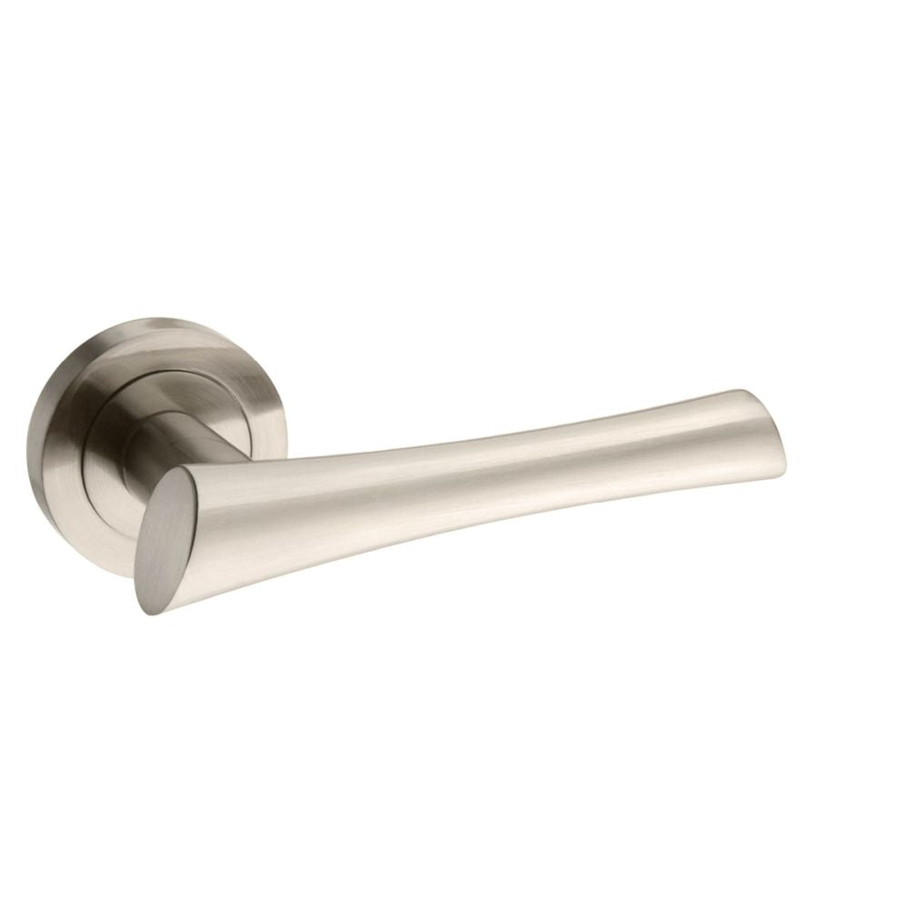 This is an image of Mediterranean Corsica Lever on Round Rose - Satin Nickel available to order from T.H Wiggans Architectural Ironmongery in Kendal, quick delivery and discounted prices.