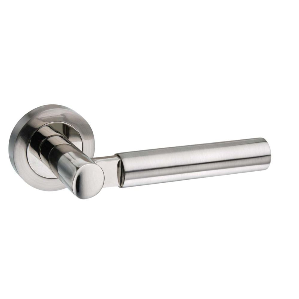 This is an image of Mediterranean Palermo Lever on Round Rose - Satin Nickel/Polished Nickel available to order from T.H Wiggans Architectural Ironmongery in Kendal, quick delivery and discounted prices.