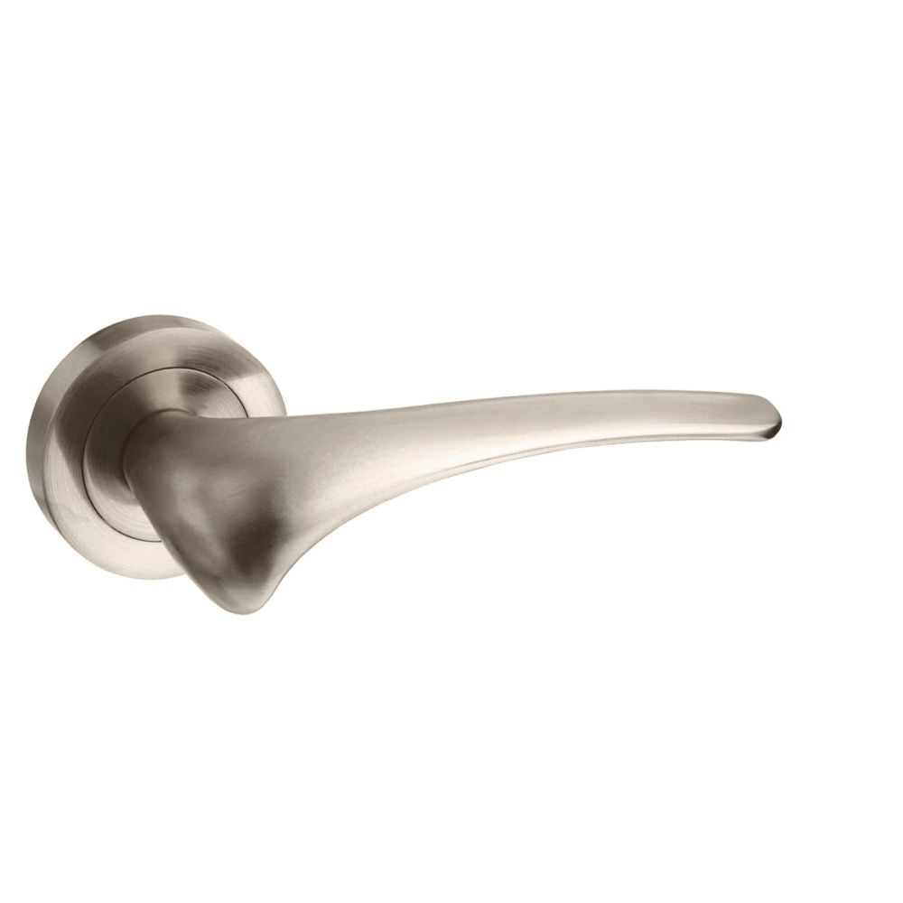 This is an image of Mediterranean Marseille Lever on Round Rose - Satin Nickel available to order from T.H Wiggans Architectural Ironmongery in Kendal, quick delivery and discounted prices.