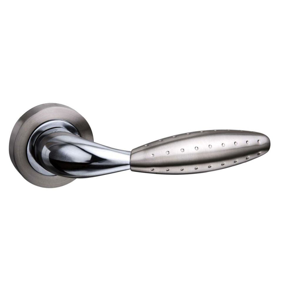 This is an image of Mediterranean Oran Lever on Round Rose - Satin Nickel/Polished Chrome available to order from T.H Wiggans Architectural Ironmongery in Kendal, quick delivery and discounted prices.