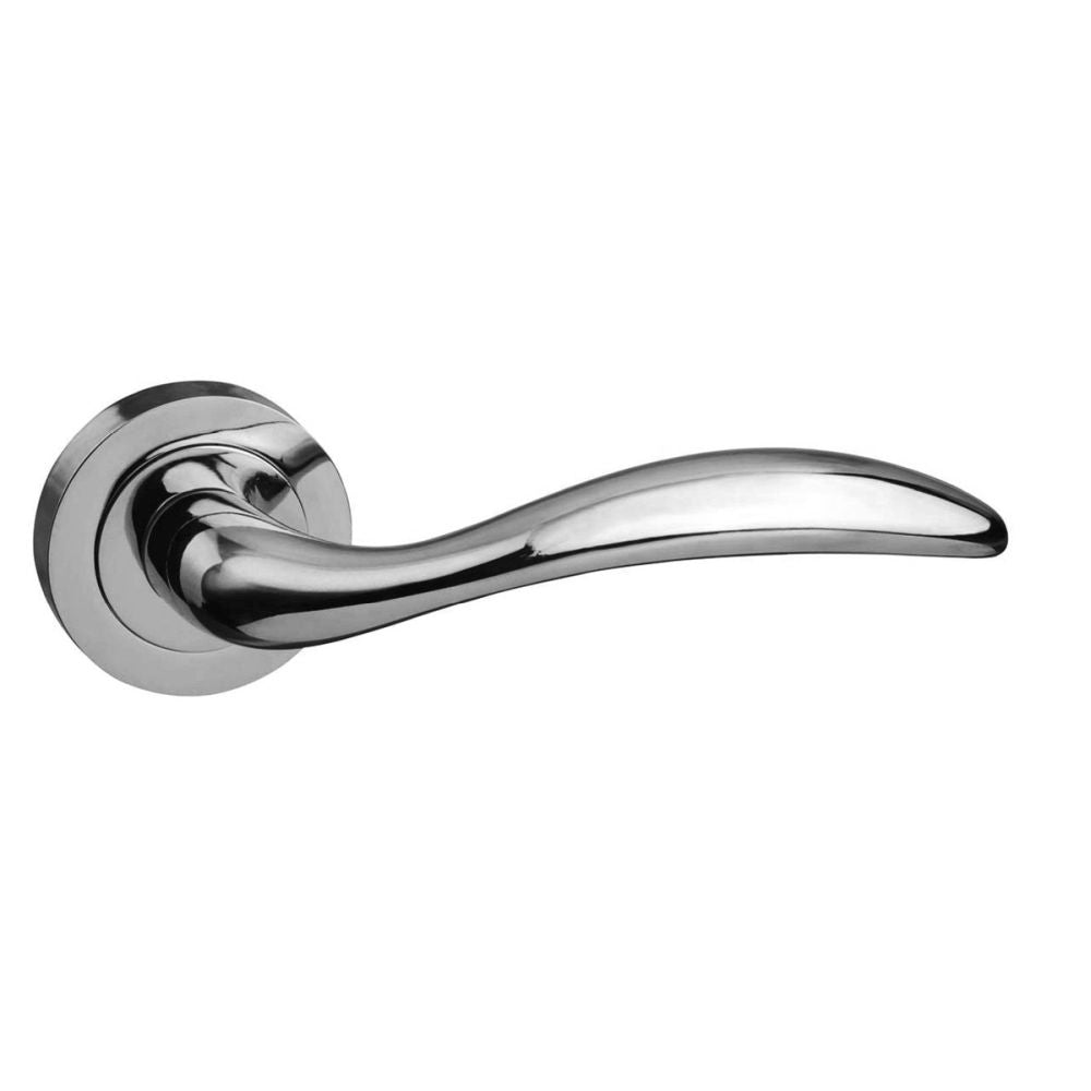 This is an image of Mediterranean Ancon Lever on Round Rose - Polished Chrome available to order from T.H Wiggans Architectural Ironmongery in Kendal, quick delivery and discounted prices.