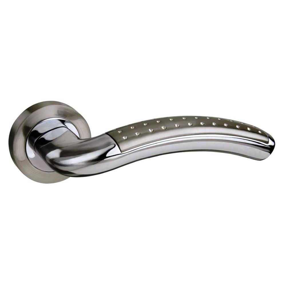 This is an image of Mediterranean Monaco Lever on Round Rose - Satin Nickel/Polished Chrome available to order from T.H Wiggans Architectural Ironmongery in Kendal, quick delivery and discounted prices.