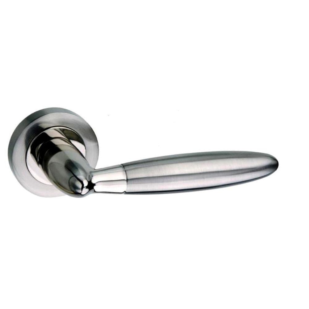 This is an image of Mediterranean Gibraltar Lever on Round Rose - Satin Nickel/Polished Nickel available to order from T.H Wiggans Architectural Ironmongery in Kendal, quick delivery and discounted prices.
