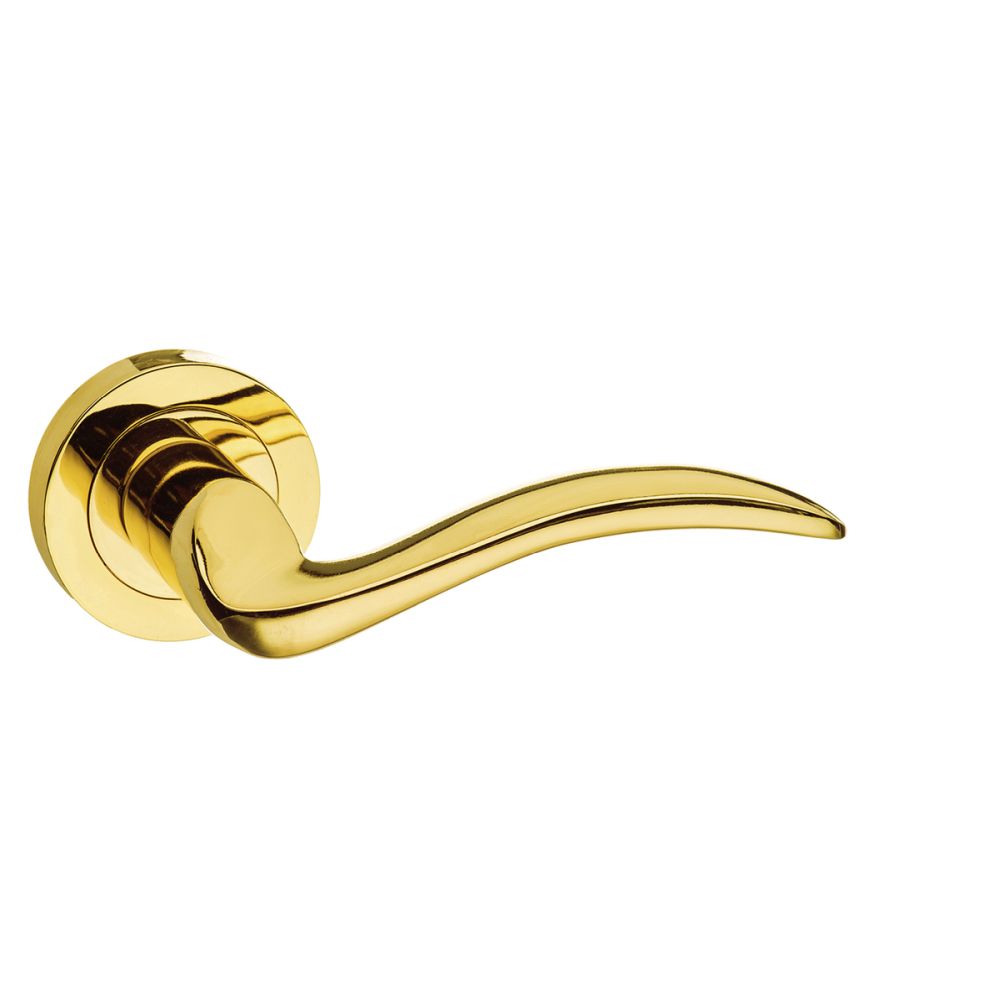This is an image of Mediterranean Valencia Lever on Round Rose - Polished Brass available to order from T.H Wiggans Architectural Ironmongery in Kendal, quick delivery and discounted prices.