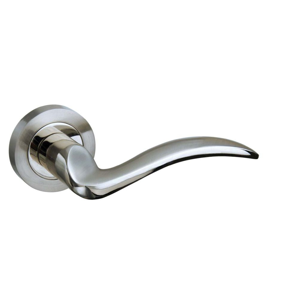 This is an image of Mediterranean Valencia Lever on Round Rose - Satin Nickel/Polished Nickel available to order from T.H Wiggans Architectural Ironmongery in Kendal, quick delivery and discounted prices.