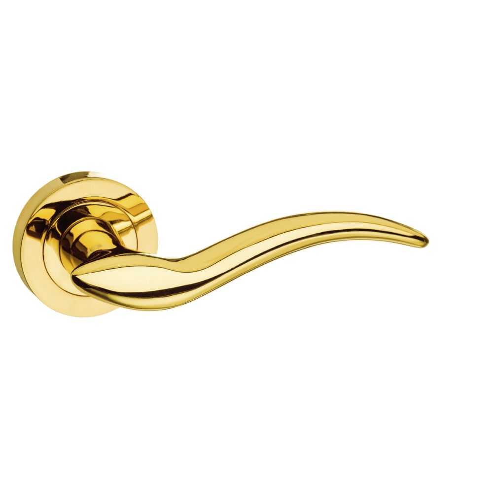 This is an image of Mediterranean Barcelona Lever on Round Rose - Polished Brass available to order from T.H Wiggans Architectural Ironmongery in Kendal, quick delivery and discounted prices.