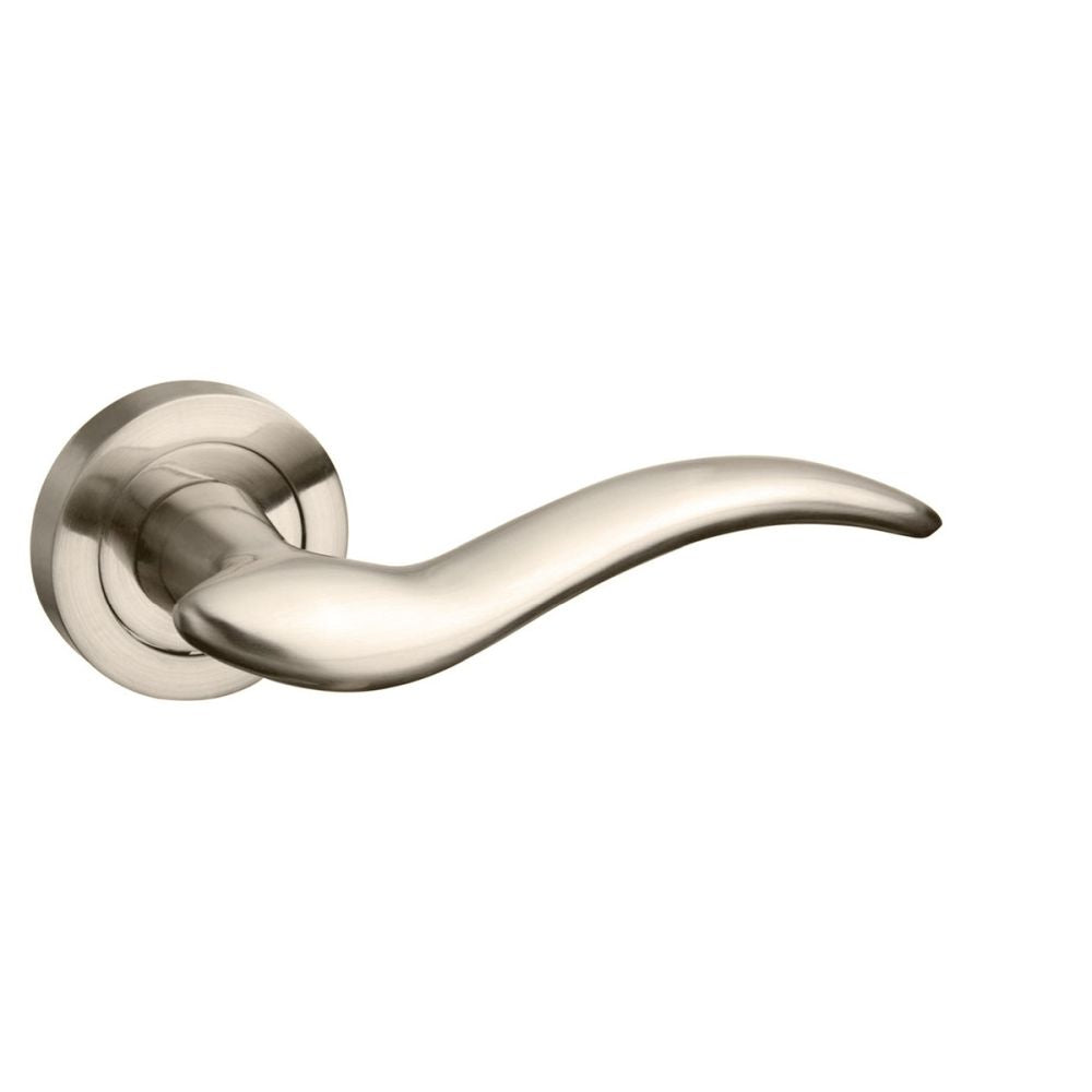 This is an image of Mediterranean Barcelona Lever on Round Rose - Satin Nickel available to order from T.H Wiggans Architectural Ironmongery in Kendal, quick delivery and discounted prices.