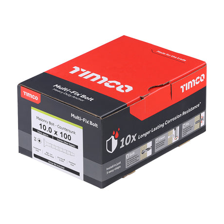This is an image showing TIMCO Multi-Fix Masonry Bolts - Countersunk - Exterior - Silver - 10.0 x 100/M12 - 50 Pieces Box available from T.H Wiggans Ironmongery in Kendal, quick delivery at discounted prices.