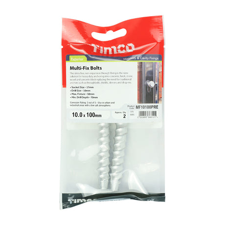 This is an image showing TIMCO Masonry Bolts - Hex - Exterior - Silver - 10.0 x 100 - 2 Pieces TIMpac available from T.H Wiggans Ironmongery in Kendal, quick delivery at discounted prices.