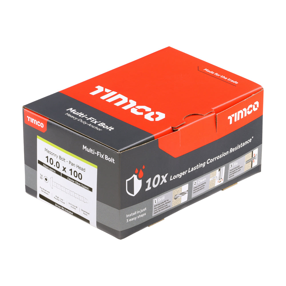 This is an image showing TIMCO Multi-Fix Masonry Bolts - Pan - Exterior - Silver - 10.0 x 100/M12 - 50 Pieces Box available from T.H Wiggans Ironmongery in Kendal, quick delivery at discounted prices.