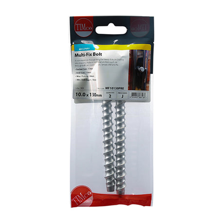 This is an image showing TIMCO Masonry Bolts - Hex - Exterior - Silver - 10.0 x 130 - 2 Pieces TIMpac available from T.H Wiggans Ironmongery in Kendal, quick delivery at discounted prices.