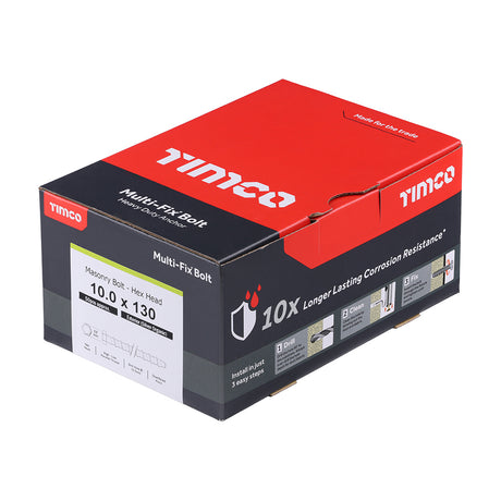 This is an image showing TIMCO Multi-Fix Masonry Bolts - Hex - Exterior - Silver - 10.0 x 130 - 50 Pieces Box available from T.H Wiggans Ironmongery in Kendal, quick delivery at discounted prices.