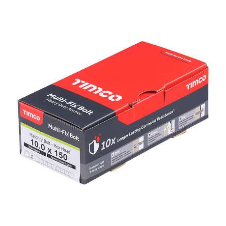 This is an image showing TIMCO Multi-Fix Masonry Bolts - Hex - Exterior - Silver - 10.0 x 150 - 25 Pieces Box available from T.H Wiggans Ironmongery in Kendal, quick delivery at discounted prices.