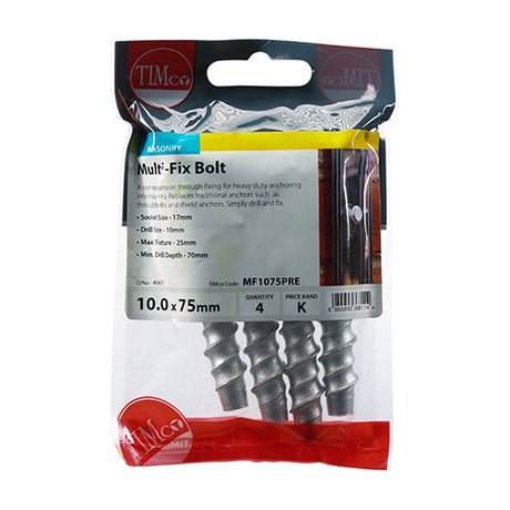 This is an image showing TIMCO Masonry Bolts - Hex - Exterior - Silver - 10.0 x 75 - 4 Pieces TIMpac available from T.H Wiggans Ironmongery in Kendal, quick delivery at discounted prices.