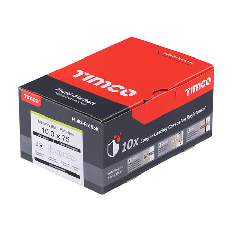This is an image showing TIMCO Multi-Fix Masonry Bolts - Pan - Exterior - Silver - 10.0 x 75/M12 - 50 Pieces Box available from T.H Wiggans Ironmongery in Kendal, quick delivery at discounted prices.