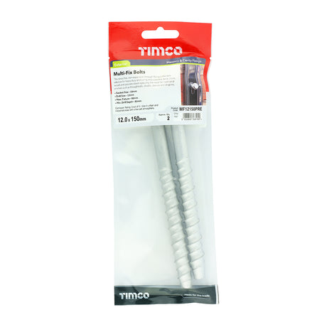 This is an image showing TIMCO Masonry Bolts - Hex - Exterior - Silver - 12.0 x 150 - 2 Pieces TIMpac available from T.H Wiggans Ironmongery in Kendal, quick delivery at discounted prices.