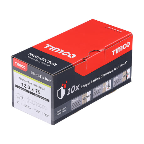 This is an image showing TIMCO Multi-Fix Masonry Bolts - Hex - Exterior - Silver - 12.0 x 75 - 50 Pieces Box available from T.H Wiggans Ironmongery in Kendal, quick delivery at discounted prices.