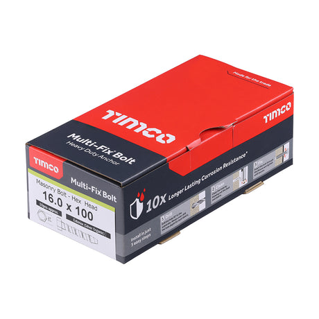 This is an image showing TIMCO Multi-Fix Masonry Bolts - Hex - Exterior - Silver - 16.0 x 100 - 10 Pieces Box available from T.H Wiggans Ironmongery in Kendal, quick delivery at discounted prices.
