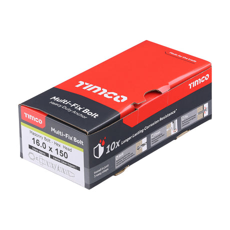 This is an image showing TIMCO Multi-Fix Masonry Bolts - Hex - Exterior - Silver - 16.0 x 150 - 10 Pieces Box available from T.H Wiggans Ironmongery in Kendal, quick delivery at discounted prices.