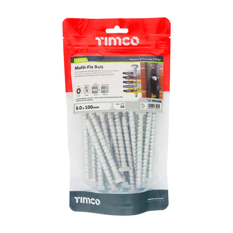 This is an image showing TIMCO Masonry Bolts - Hex - Exterior - Silver - 8.0 x 100 - 20 Pieces TIMbag available from T.H Wiggans Ironmongery in Kendal, quick delivery at discounted prices.