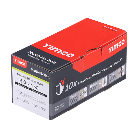 This is an image showing TIMCO Multi-Fix Masonry Bolts - Hex - Exterior - Silver - 8.0 x 130 - 50 Pieces Box available from T.H Wiggans Ironmongery in Kendal, quick delivery at discounted prices.