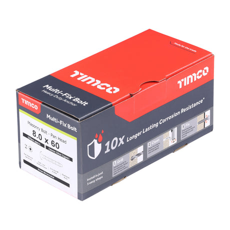 This is an image showing TIMCO Multi-Fix Masonry Bolts - Pan - Exterior - Silver - 8.0 x 60/M10 - 100 Pieces Box available from T.H Wiggans Ironmongery in Kendal, quick delivery at discounted prices.
