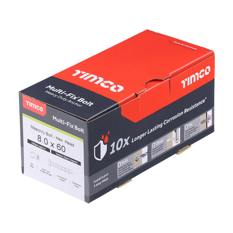 This is an image showing TIMCO Multi-Fix Masonry Bolts - Hex - Exterior - Silver - 8.0 x 60 - 100 Pieces Box available from T.H Wiggans Ironmongery in Kendal, quick delivery at discounted prices.