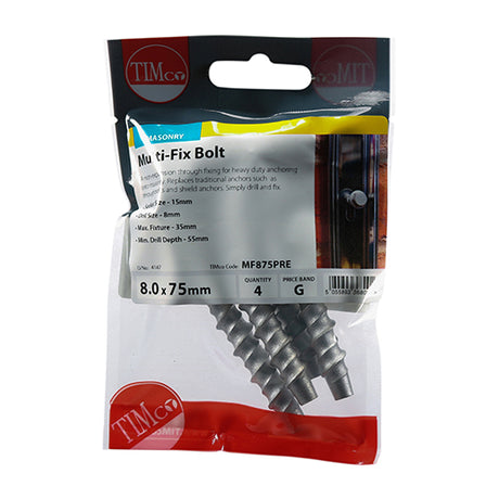 This is an image showing TIMCO Masonry Bolts - Hex - Exterior - Silver - 8.0 x 75 - 4 Pieces TIMpac available from T.H Wiggans Ironmongery in Kendal, quick delivery at discounted prices.