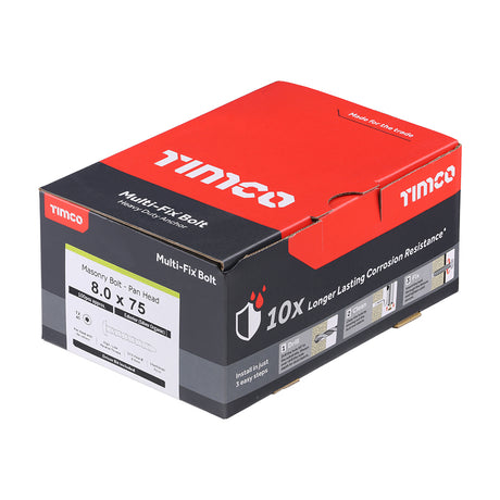 This is an image showing TIMCO Multi-Fix Masonry Bolts - Pan - Exterior - Silver - 8.0 x 75/M10 - 100 Pieces Box available from T.H Wiggans Ironmongery in Kendal, quick delivery at discounted prices.
