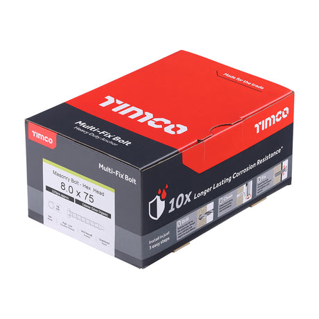 This is an image showing TIMCO Multi-Fix Masonry Bolts - Hex - Exterior - Silver - 8.0 x 75 - 100 Pieces Box available from T.H Wiggans Ironmongery in Kendal, quick delivery at discounted prices.