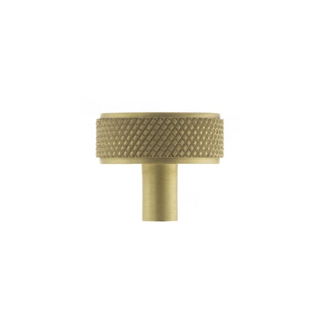 This is an image of Millhouse Brass Hargreaves Disc Knurled Cabinet Knob Concealed Fix - Sat. Brass available to order from Trade Door Handles.