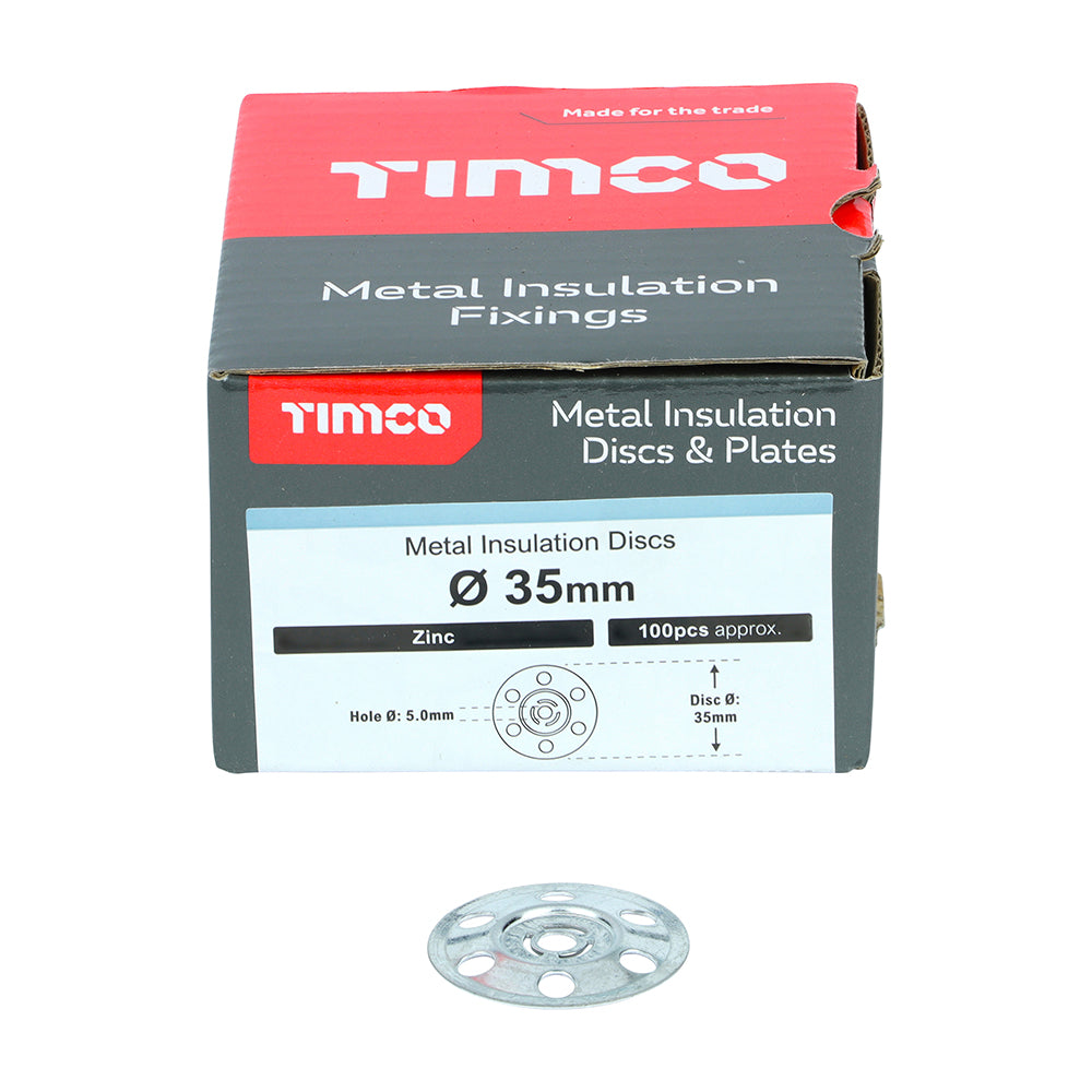 This is an image showing TIMCO Metal Insulation Discs - Galvanised - 35mm - 100 Pieces Box available from T.H Wiggans Ironmongery in Kendal, quick delivery at discounted prices.