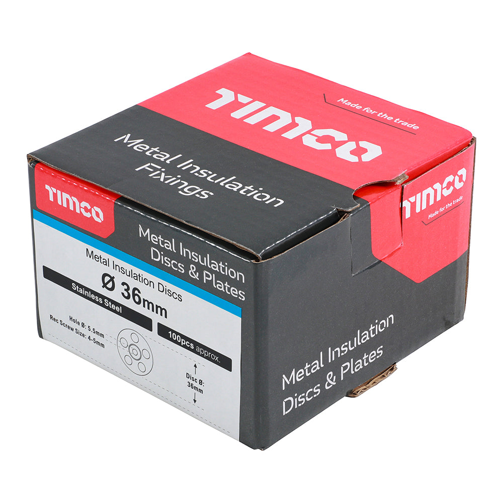 This is an image showing TIMCO Metal Insulation Discs - Stainless Steel - 36mm - 100 Pieces Box available from T.H Wiggans Ironmongery in Kendal, quick delivery at discounted prices.
