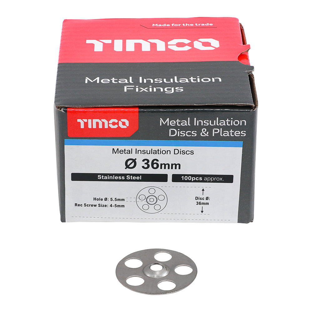 This is an image showing TIMCO Metal Insulation Discs - Stainless Steel - 36mm - 100 Pieces Box available from T.H Wiggans Ironmongery in Kendal, quick delivery at discounted prices.