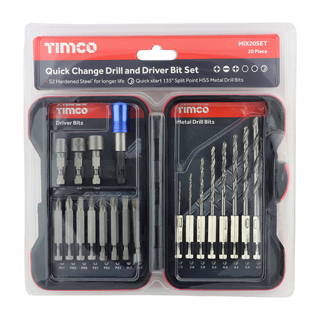 This is an image showing TIMCO Driver Bit & Ground Jobber Drill Bit Set - 20pcs - 20 Pieces Case available from T.H Wiggans Ironmongery in Kendal, quick delivery at discounted prices.