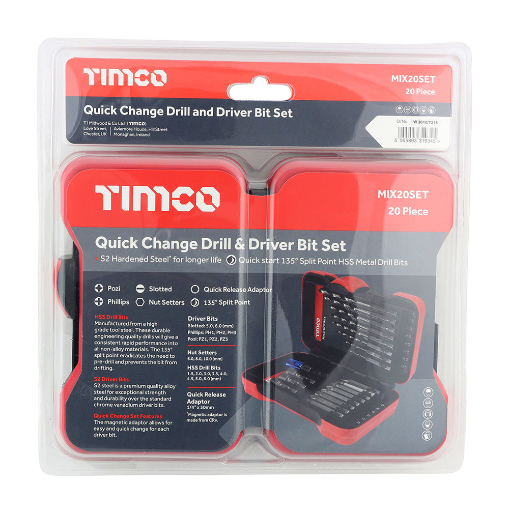 This is an image showing TIMCO Driver Bit & Ground Jobber Drill Bit Set - 20pcs - 20 Pieces Case available from T.H Wiggans Ironmongery in Kendal, quick delivery at discounted prices.