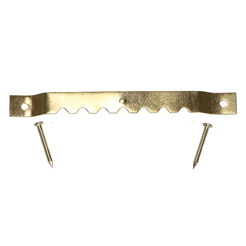 This is an image showing TIMCO Mixed Sawtooth Hangers and Nails - Electro Brass - 41mm & 63mm - 15 Pieces TIMpac available from T.H Wiggans Ironmongery in Kendal, quick delivery at discounted prices.