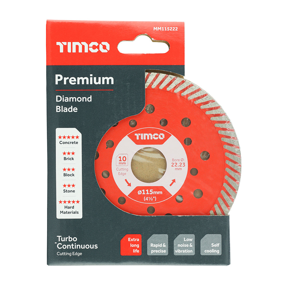 This is an image showing TIMCO Premium Diamond Blade - Turbo Continuous  - 115 x 22.2 - 1 Each Box available from T.H Wiggans Ironmongery in Kendal, quick delivery at discounted prices.